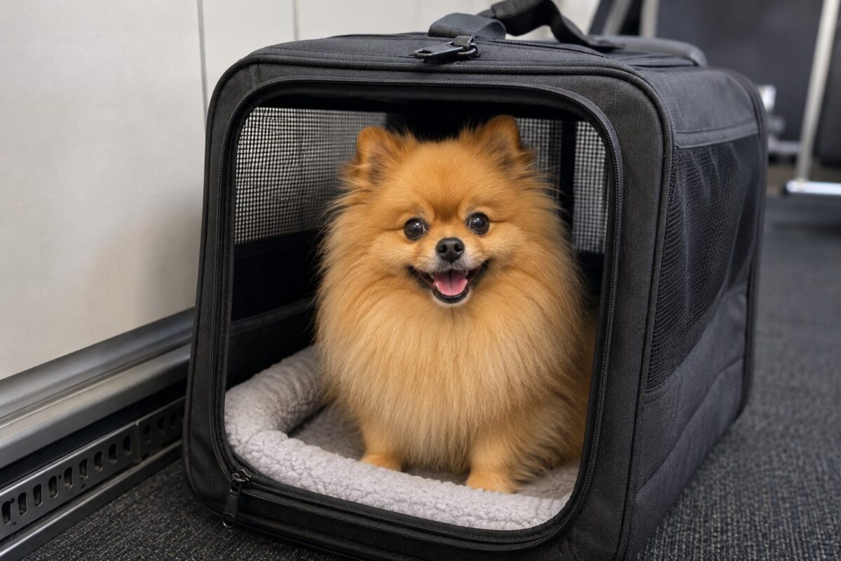 Pomeranian in Travel Crate