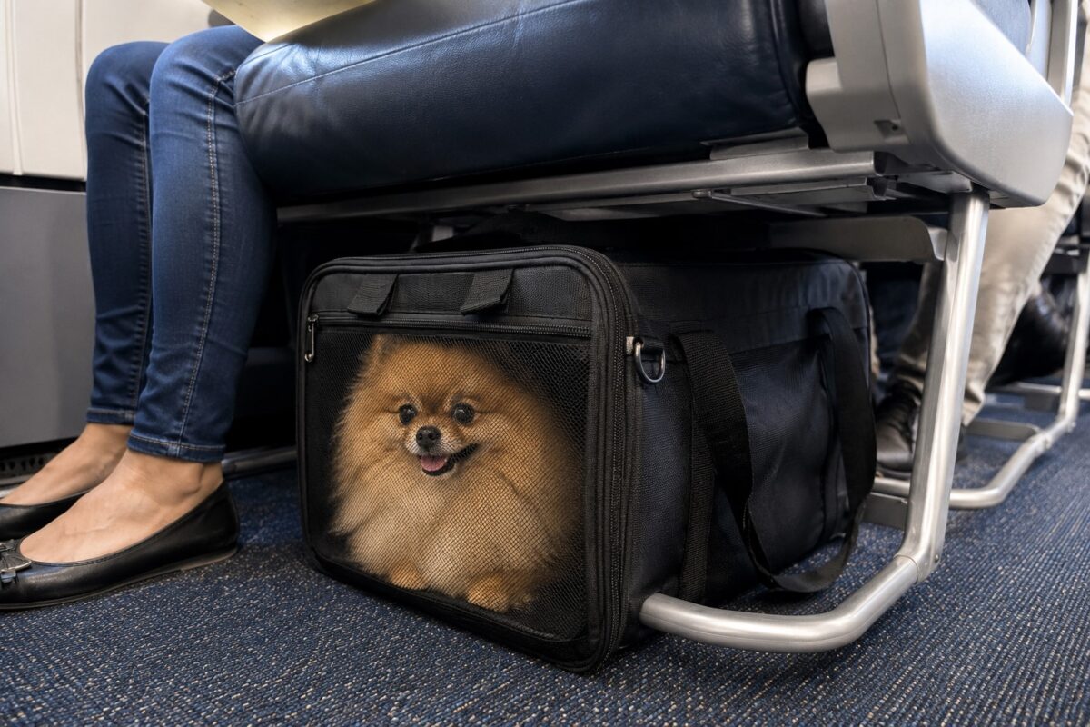 Pomeranian in Travel Crate
